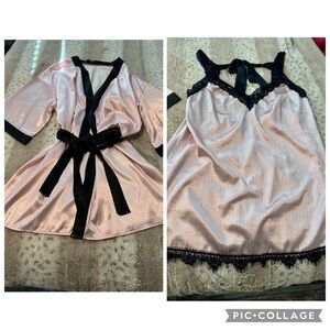Pink & White Striped Camisole Teddy w/ Black Lace Trim Sleepwear Set PLUS 2X